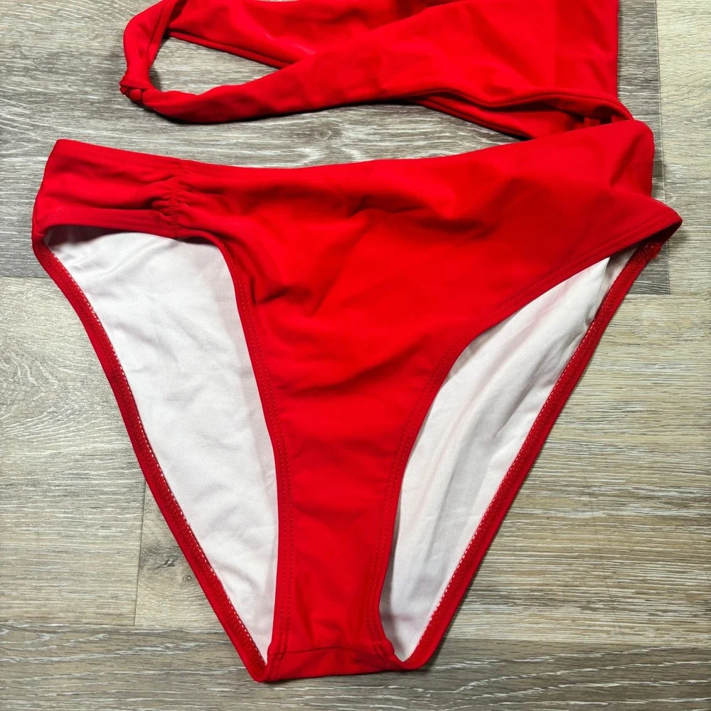 Red Cut-Out One Piece Swimsuit Monokini Adjustable Straps Knot Detail Size Small